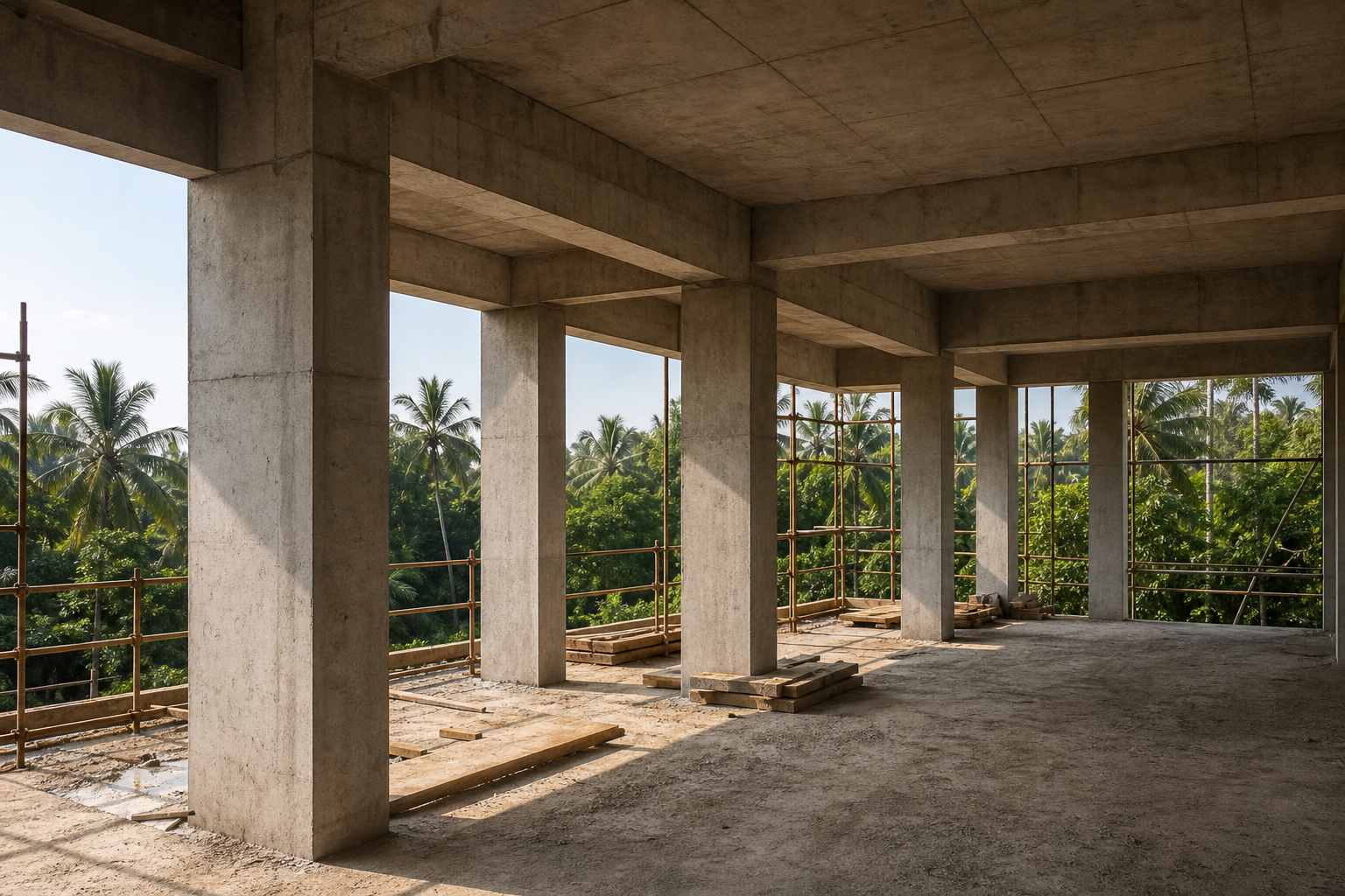 Structural construction stage with concrete columns